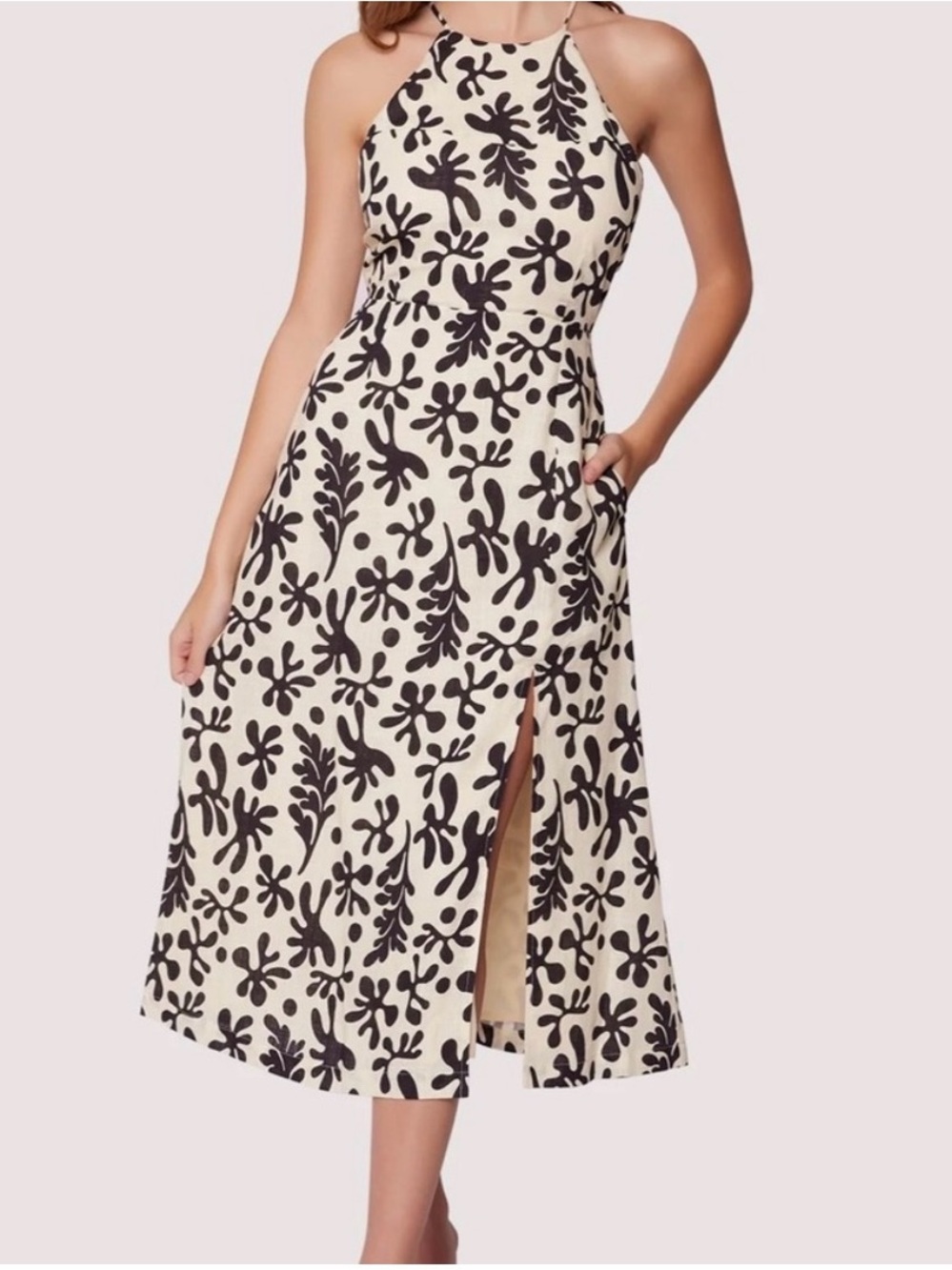 Lost + Wander Cream Halter Midi Dress with Black Floral Motif